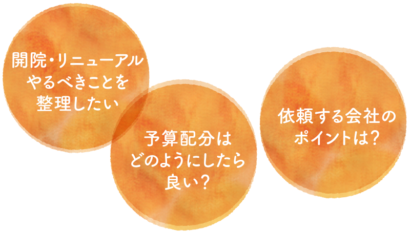 『開院・リニューアルやるべきことを整理したい』『予算配分はどのようにしたら良い？』『依頼する会社のポイントは？』